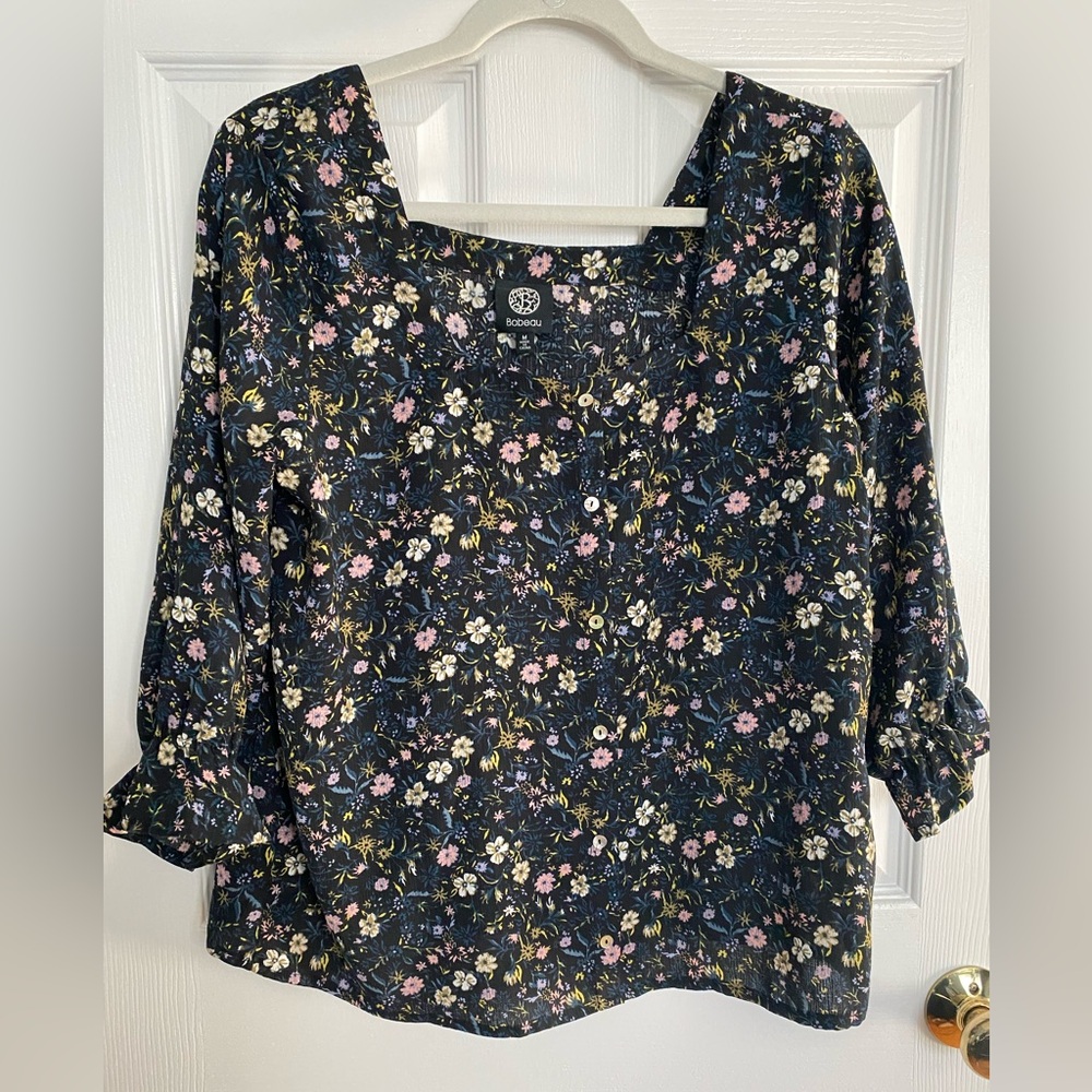 Bobeau black floral print blouse with square neck and faux buttons